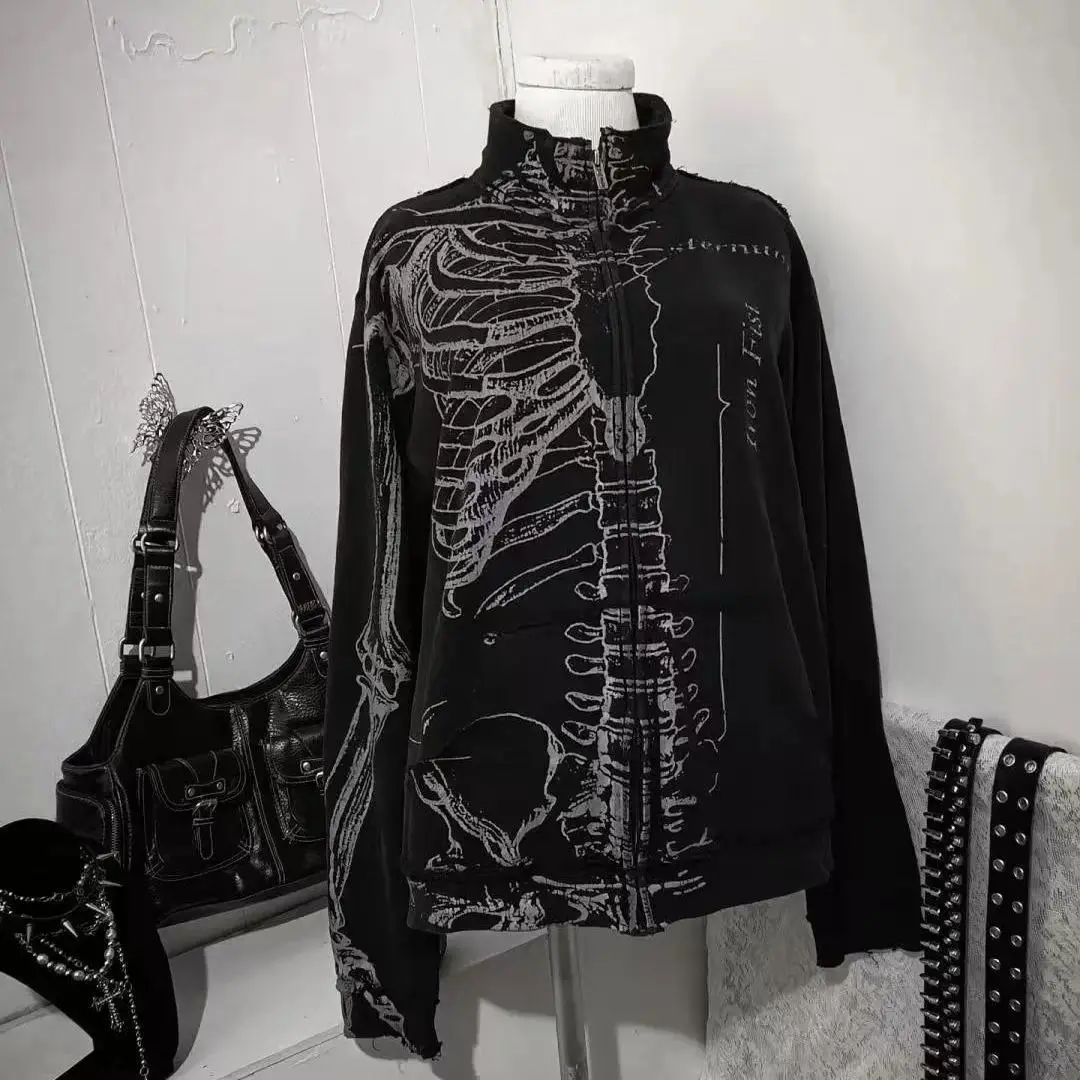 Women Gothic Skeleton Print Zip Up Jacket Black Stand Collar Y2K Subculture Streetwear Harajuku Punk Casual Coat Top Japanese