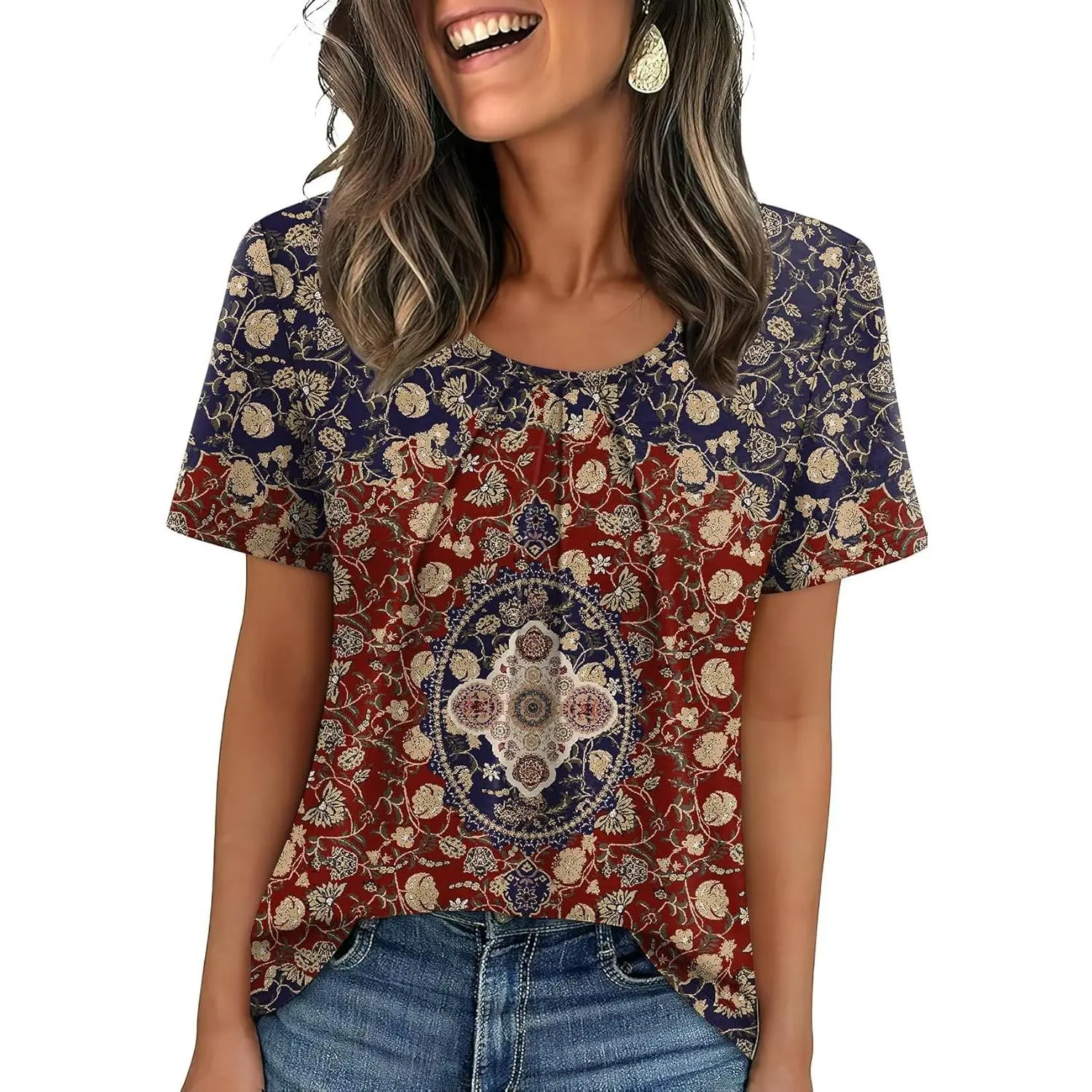 Women T Shirts Pleated Short Sleeve Tops Business Casual Dressy Blouses