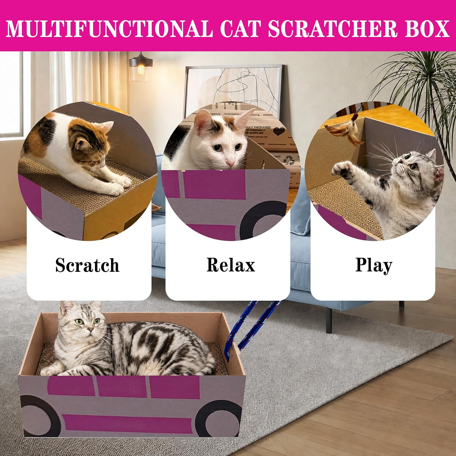 Scratcher Box & Bed with Rope Pull, Cardboard  Scratchers for Indoor Cats & Kittens, Durable   Board to Protect Furniture, Reversible  Scratch Pad Large 18x13.5”