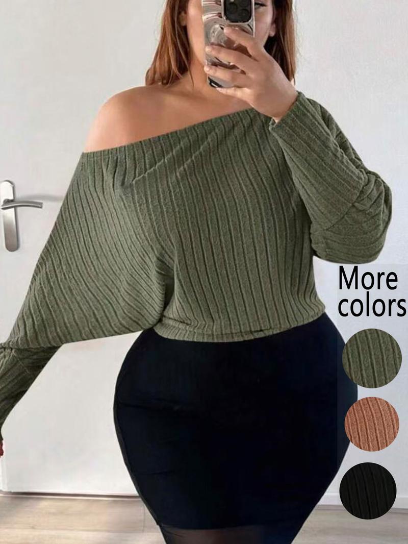 【Plus Size】1 Piece Off-Shoulder Ribbed Knit Sweater, Tik Tok Trendy Loose Style, Batwing Sleeve & Crop Design, Cozy & Fashionable, Perfect for Plus-Size Fashionistas Daily Wear & Dating Looks