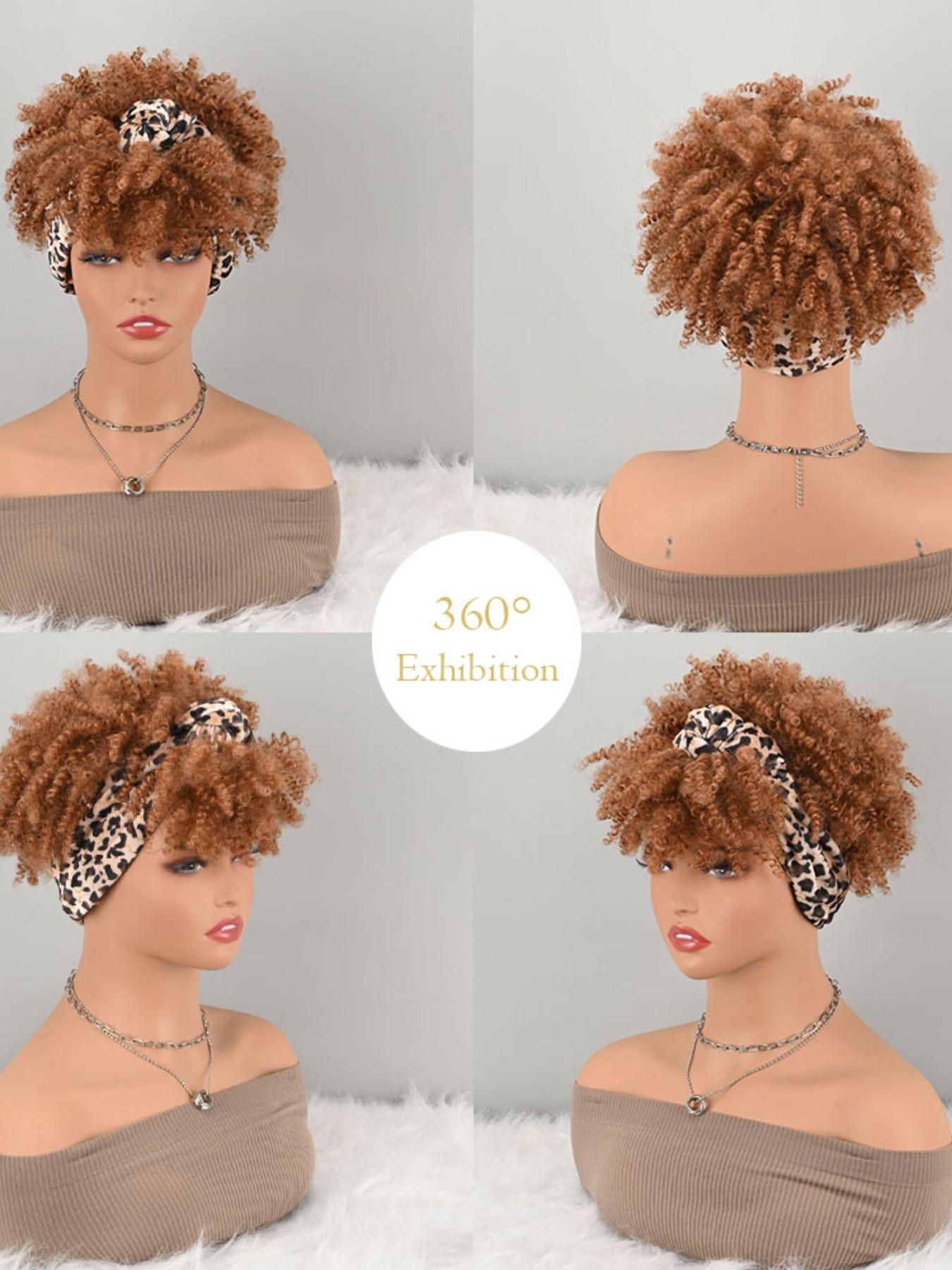 Light Brown Afro Kinky Curly Synthetic Headband Style Wig Leopard Print Knotted Turban Wig High Temperature Fiber Hair Wig For Women Daily Casual Wear