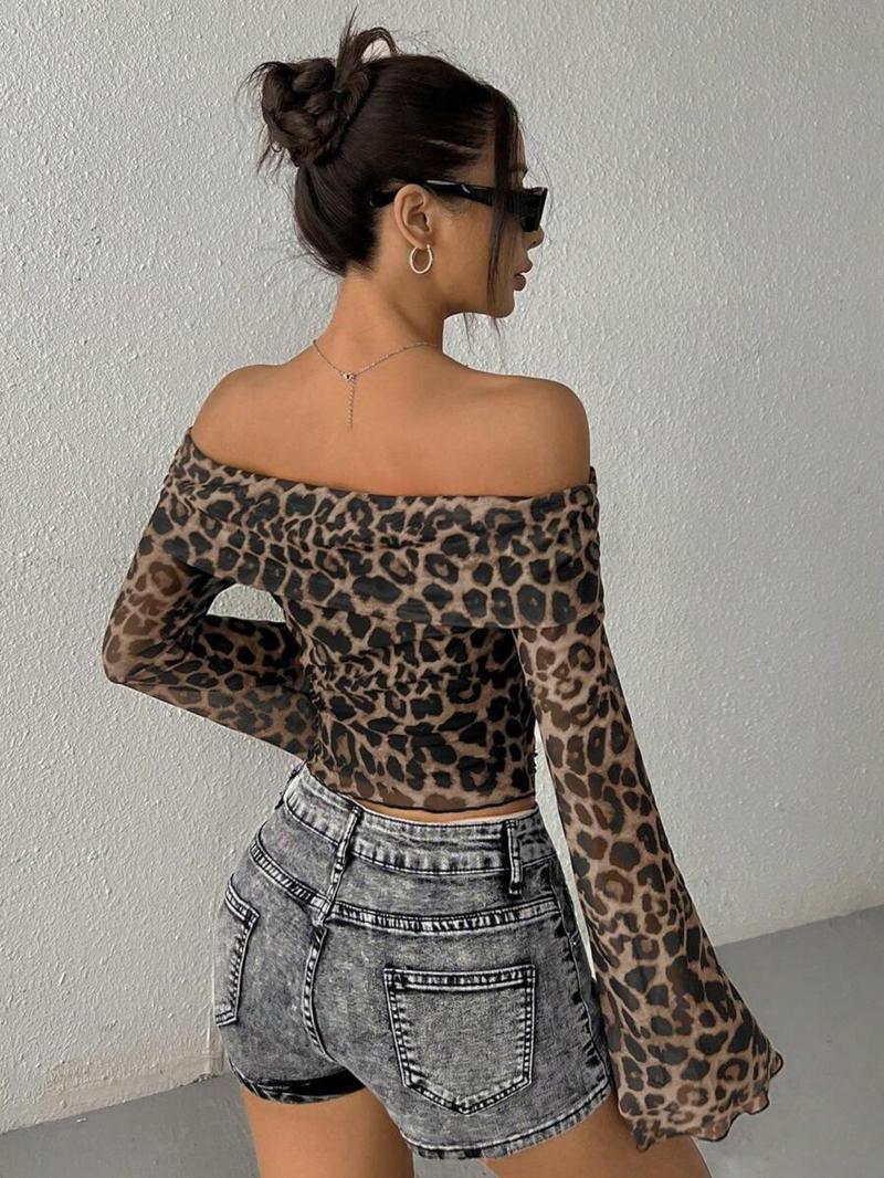 Women's Slim Fit Mesh One Shoulder Off-Shoulder Leopard Print Bubble Sleeve Flare Long Sleeve Short Top, Stylish Casual Blouse