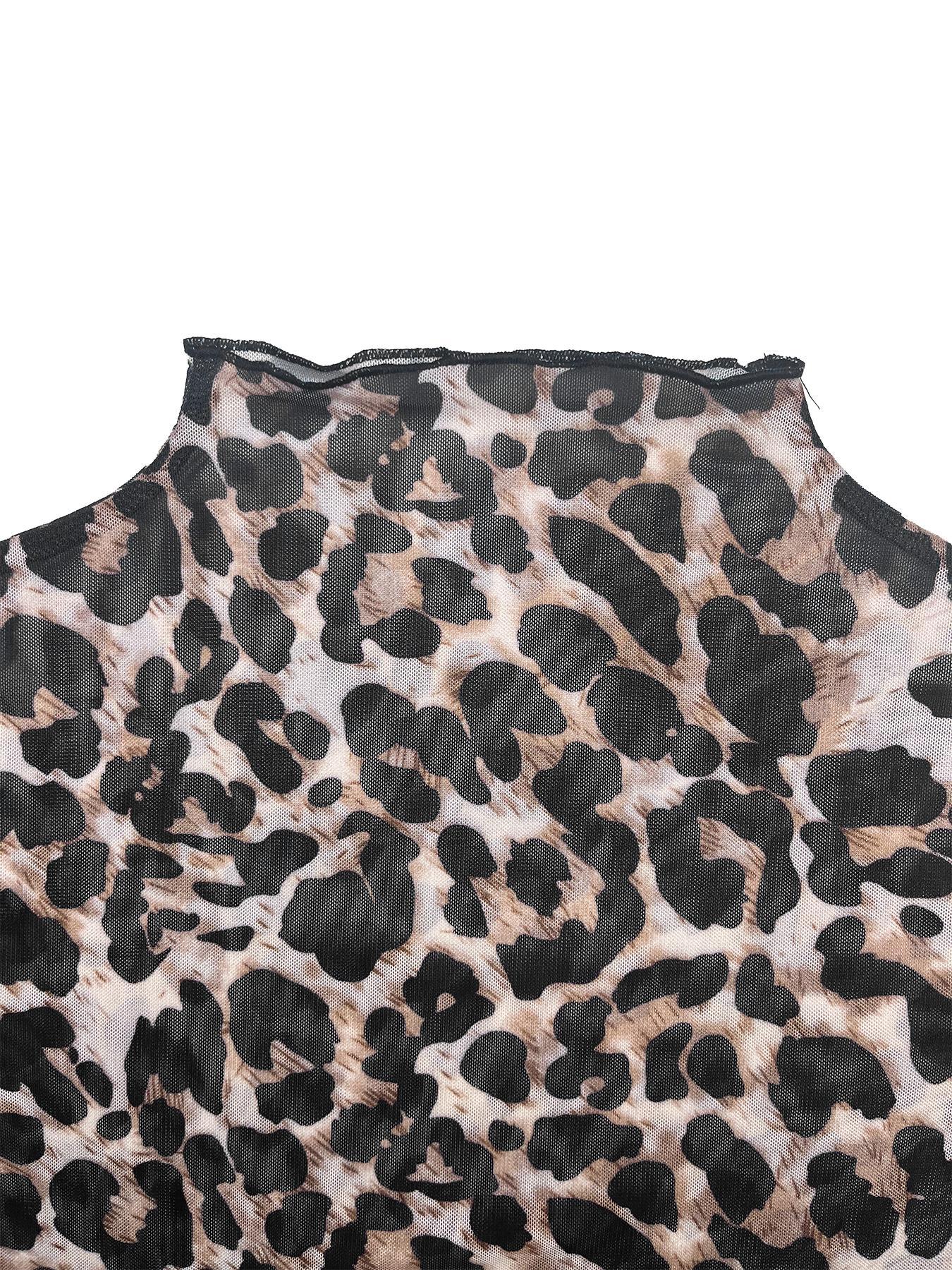 Elegant Sexy Leopard Print Sheer Mesh All-Over Printed Women's Top, Slim-Fitting Lightweight Summer Style for Casual Wear