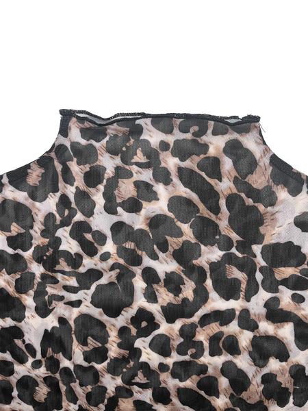 Elegant Sexy Leopard Print Sheer Mesh All-Over Printed Women's Top, Slim-Fitting Lightweight Summer Style for Casual Wear