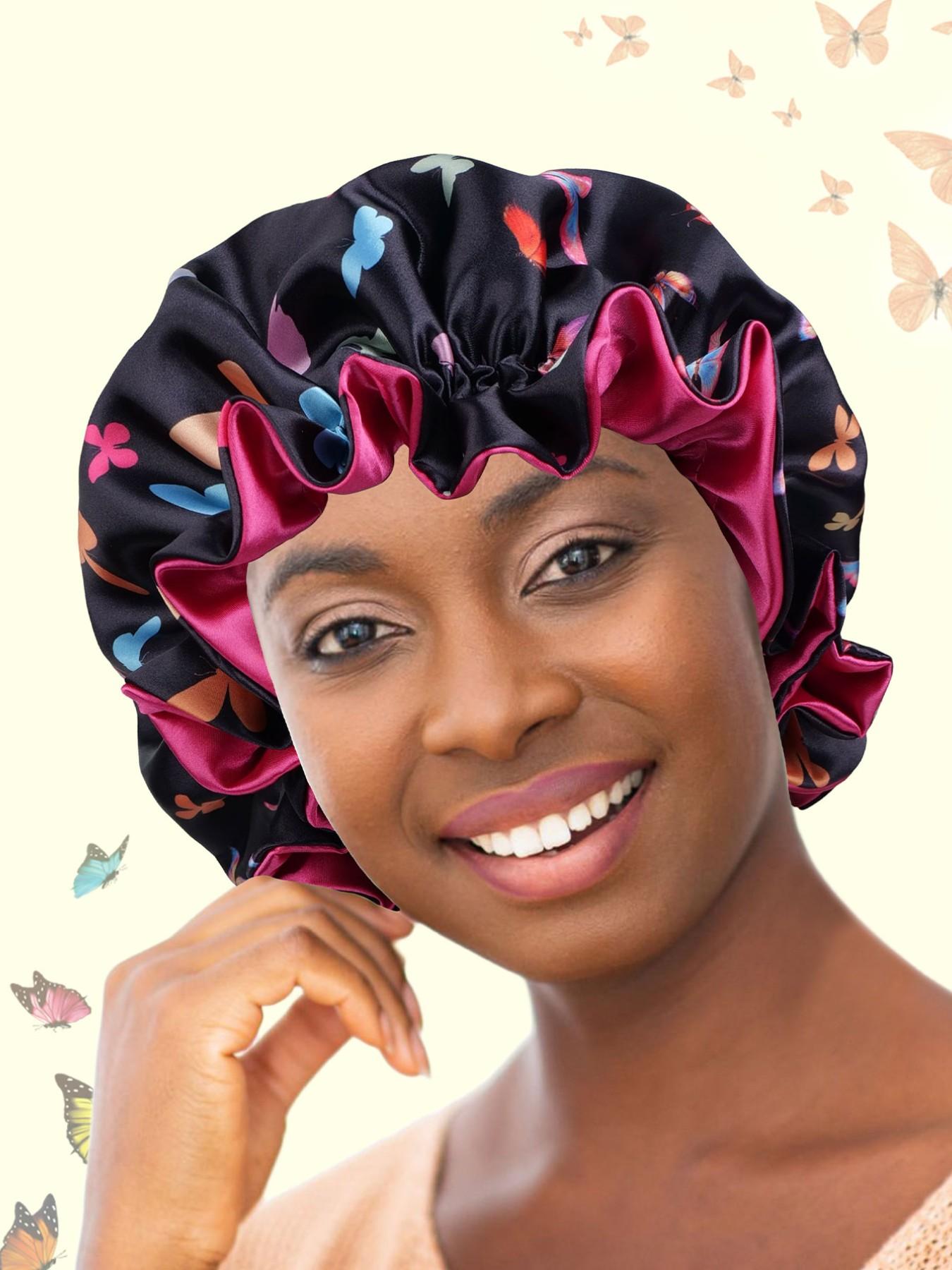 Soft Butterfly Print Sleep Cap for Unisex, Elegant Fashionable Sleep Hat, Beauty Makeup, Adjustable Wide Brim Bath Cap