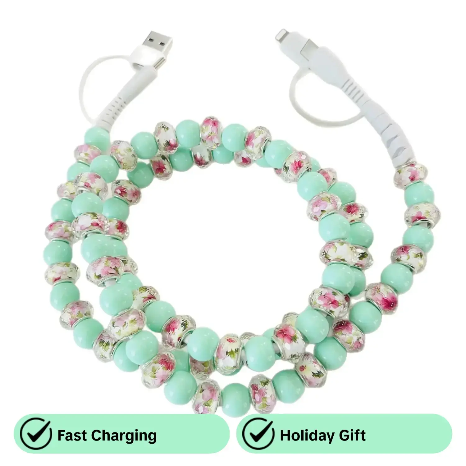 4 in 1 Acrylic Beaded Charging Cable Creative Design，Compatible with all devices USB-C and Lightning interfaces, 3.3 feet in length, ideal for women for charging,Holiday gifts, New Year gifts