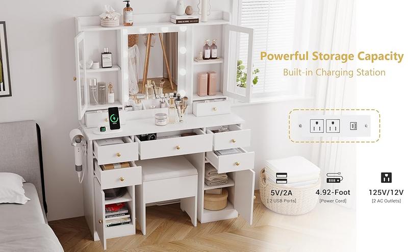 vanity with storage drawer, charging station, cabinet and chair, vanity with RGB ambient light, suitable for women's bedrooms and bathrooms