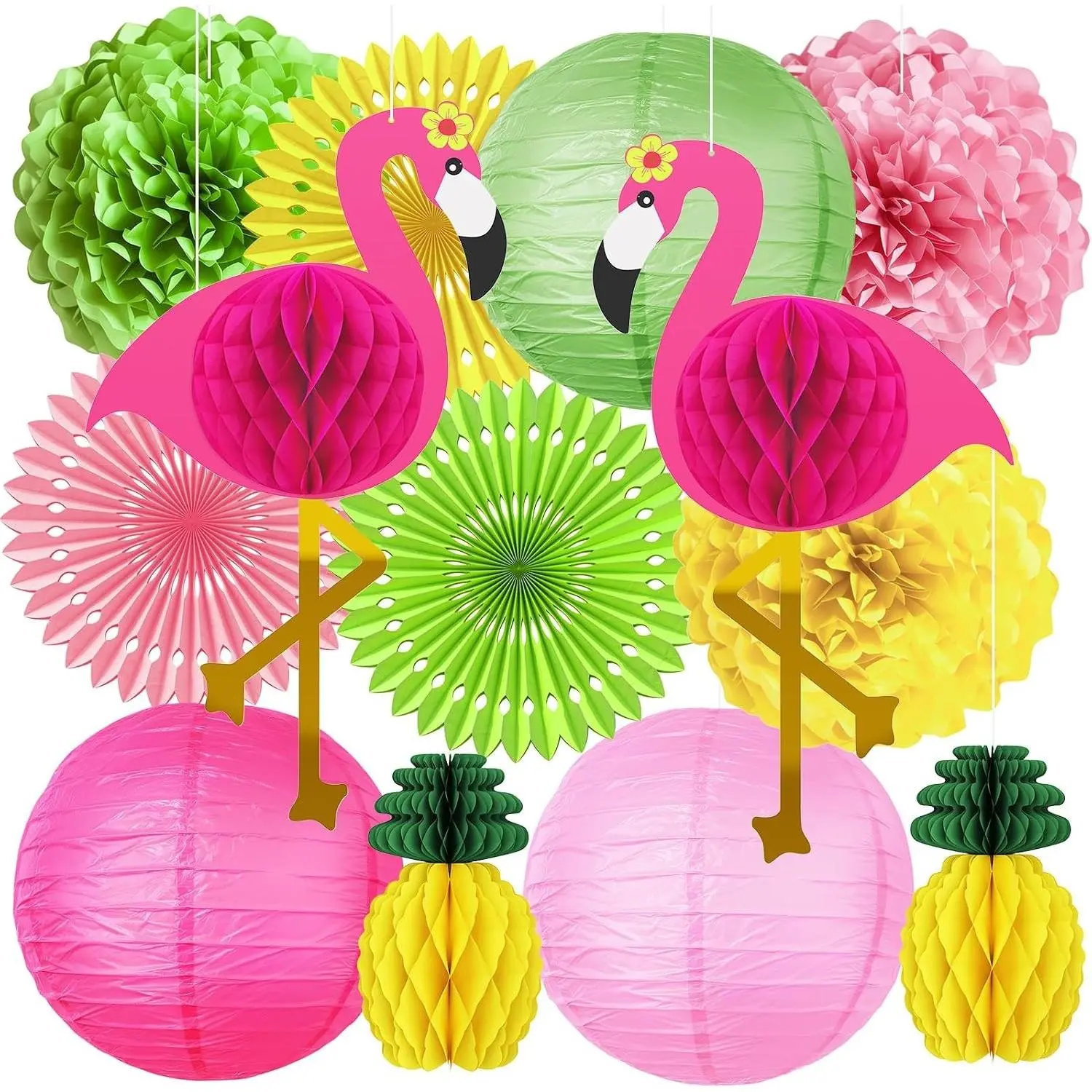 Flamingo Hawaiian Party Decorations, Luau Party Decor Flamingo and Pineapple Honeycomb Ball Paper Lanterns for Birthday Pool Summer Tropical Beach Party Supplies