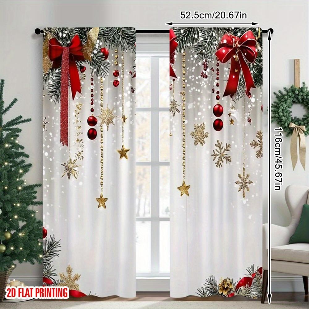 Christmas Theme 2pcs HD Digital Print Bow Bell Curtains, Polyester Material, Semi-Transparent Privacy Protection, Hand Washable, Window Curtain