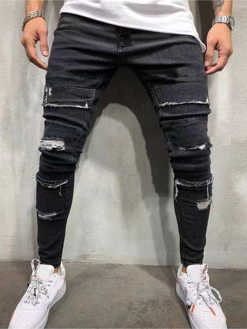 Men's Black Slim Fit Ripped Jeans - Distressed Denim Pants with Holes, Trendy Streetwear & Versatile Styling  Fashion