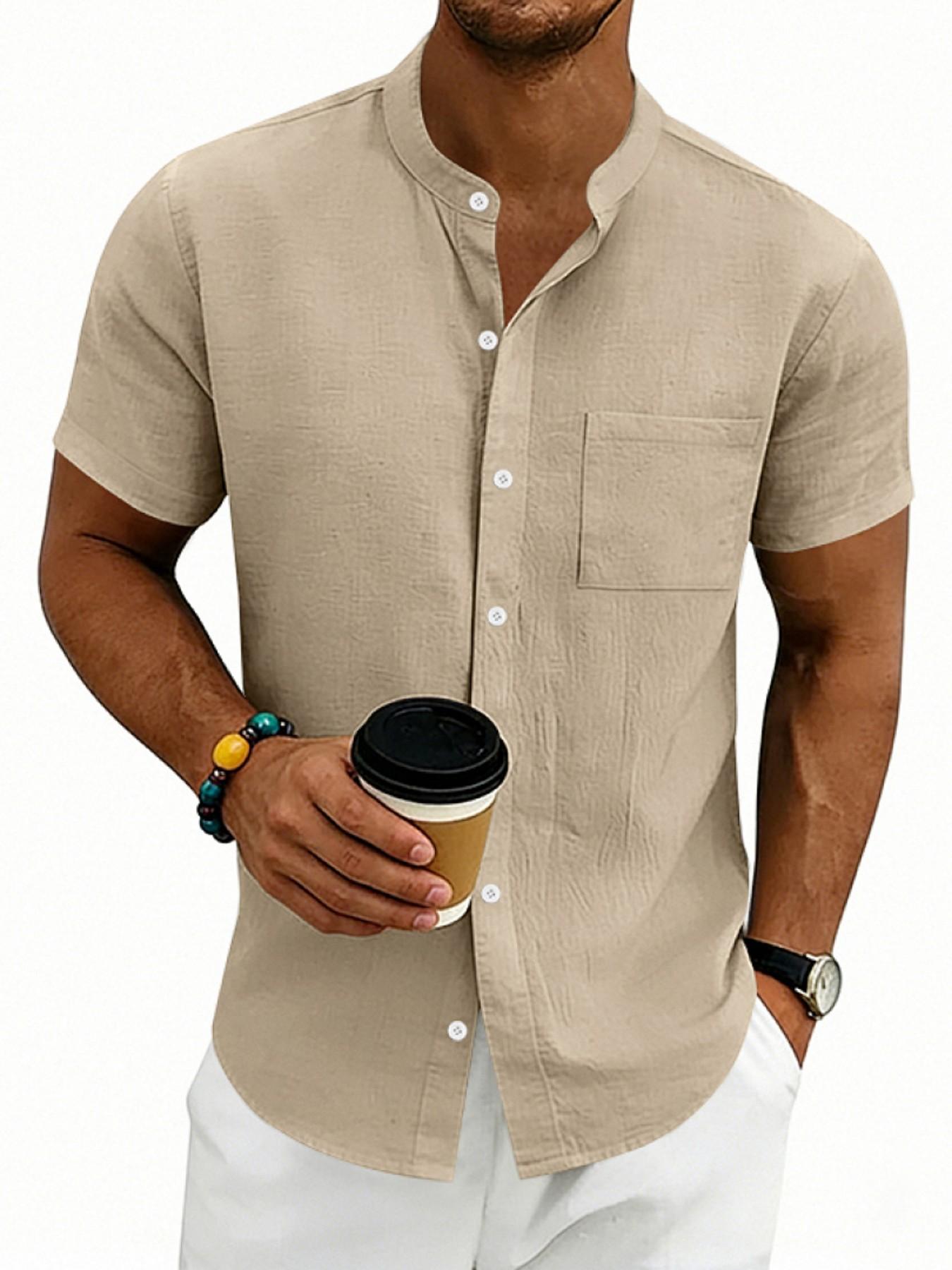 Men's Hawaiian Style Linen Short Sleeve Shirt, Casual Stand Collar Summer Top, Retro Design for Men, Comfortable and Stylish