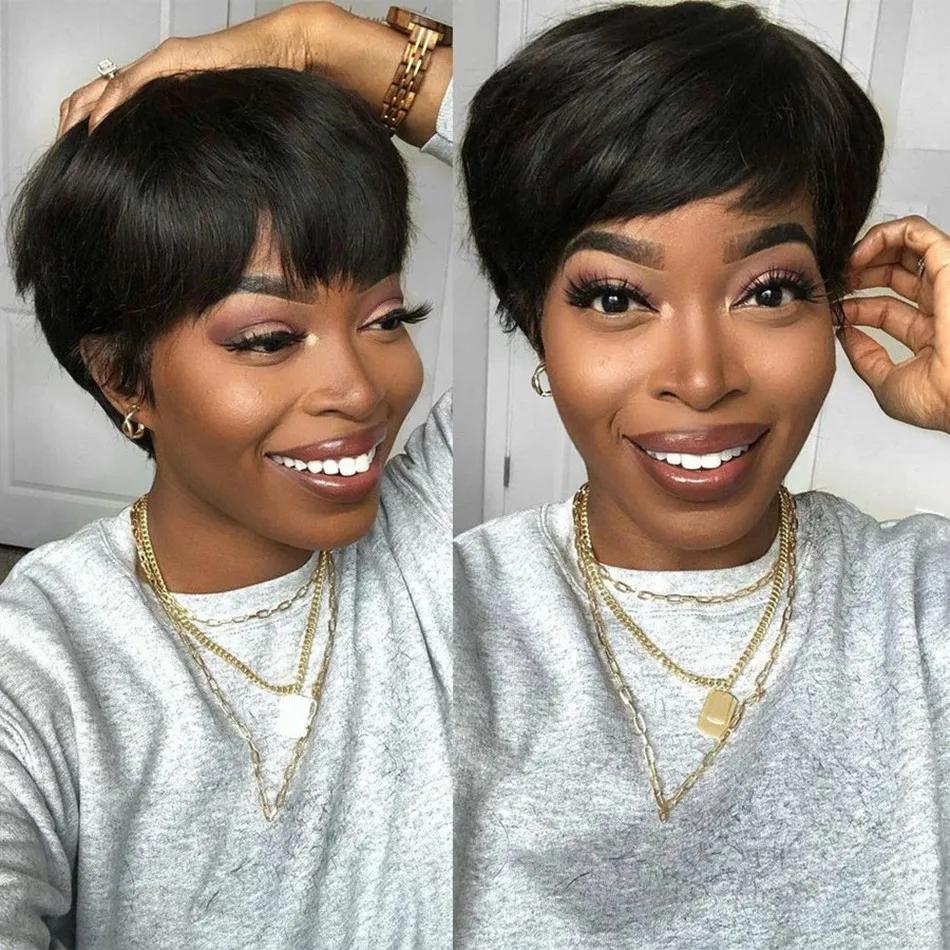 Cikana Hair Short Human Hair Pixie Cut Wig Straight Hair Brazilian Hair Wig For Black Women Machine Made Wig With Bangs Cheap Human Hair Wig