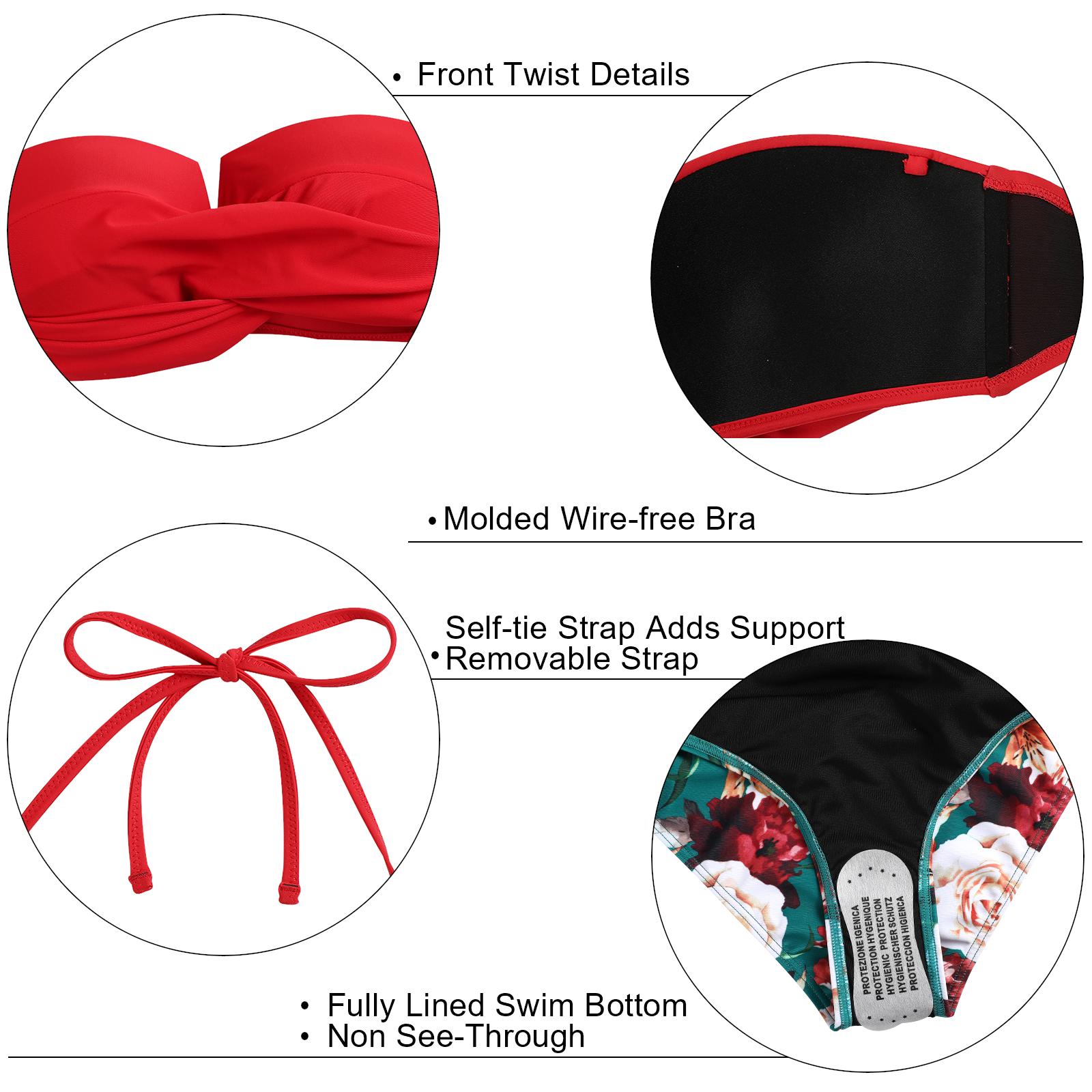 Hilor Womens Bandeau Two Piece Bikini Set High Waisted Swimsuits Sexy Push Up Two Piece Bathing Suits Front V Wire