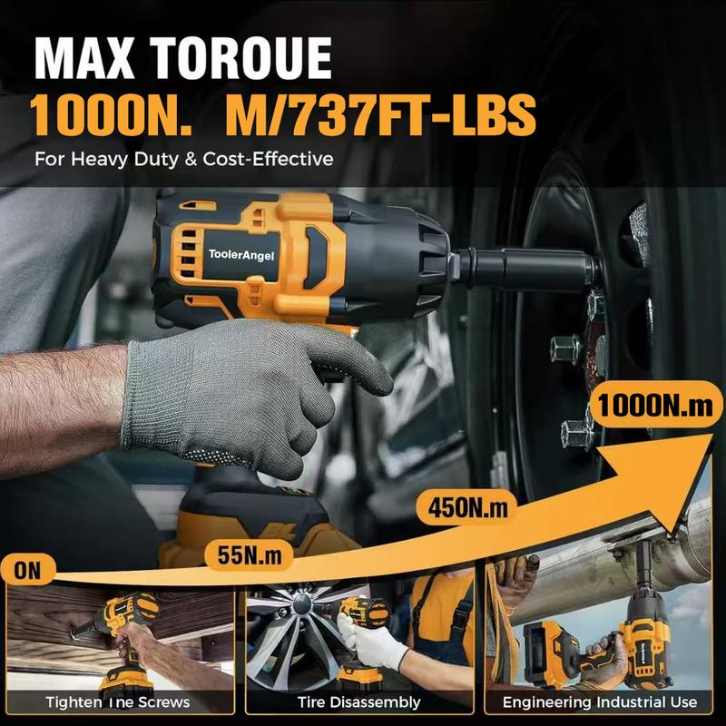 ToolerAngel 1/2-Inch Cordless Impact Wrench, 1000 Nm (737 ft-lbs) High-Torque Wrench, 20V 2000 RPM Brushless Motor, 2x 6.0Ah Lithium-Ion Batteries, Charger & 6 Sockets, Brushless Power Wrench