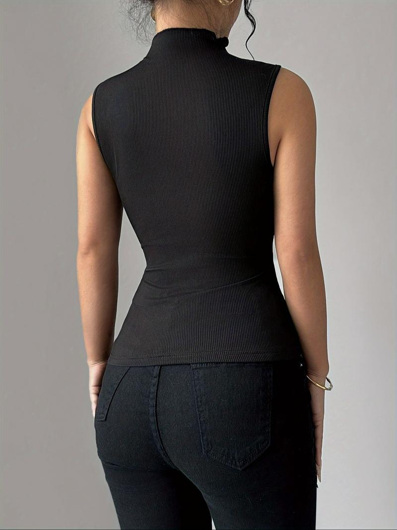 Women's Daisy Embroidery Mock Neck Tank Top, Floral Embroidery Cami, Elegant Sleeveless Top for Summer, Ladies Clothes for Daily Wear