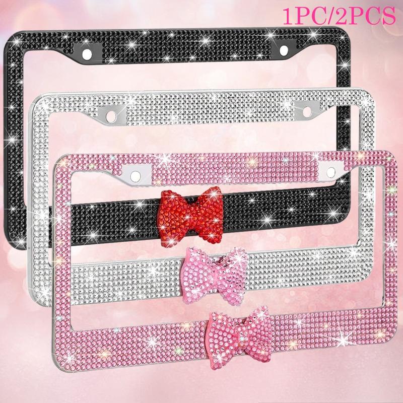2pcs Sparkling Frames For Women - High-quality Stainless Steel Raine Stone Labels Covered With Handcrafted Crystal Diamonds And Gift Bows, Sparkling Car Parts For Girls Personalized Car Plate