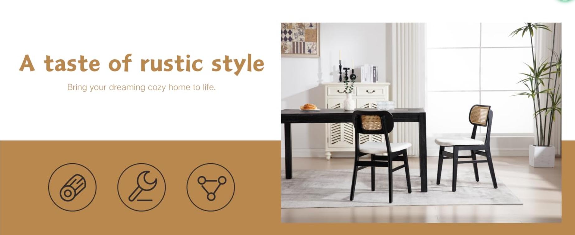 CHAIRUS Rattan Dining Chairs Set of 2,Farmhouse Cane Back Dining Room Chairs Mid Century Kitchen Chairs with Black Wood Frame Linen Upholstered Side Chairs for Kitchen, Restaurant, Dining Room, Bistro, Beige