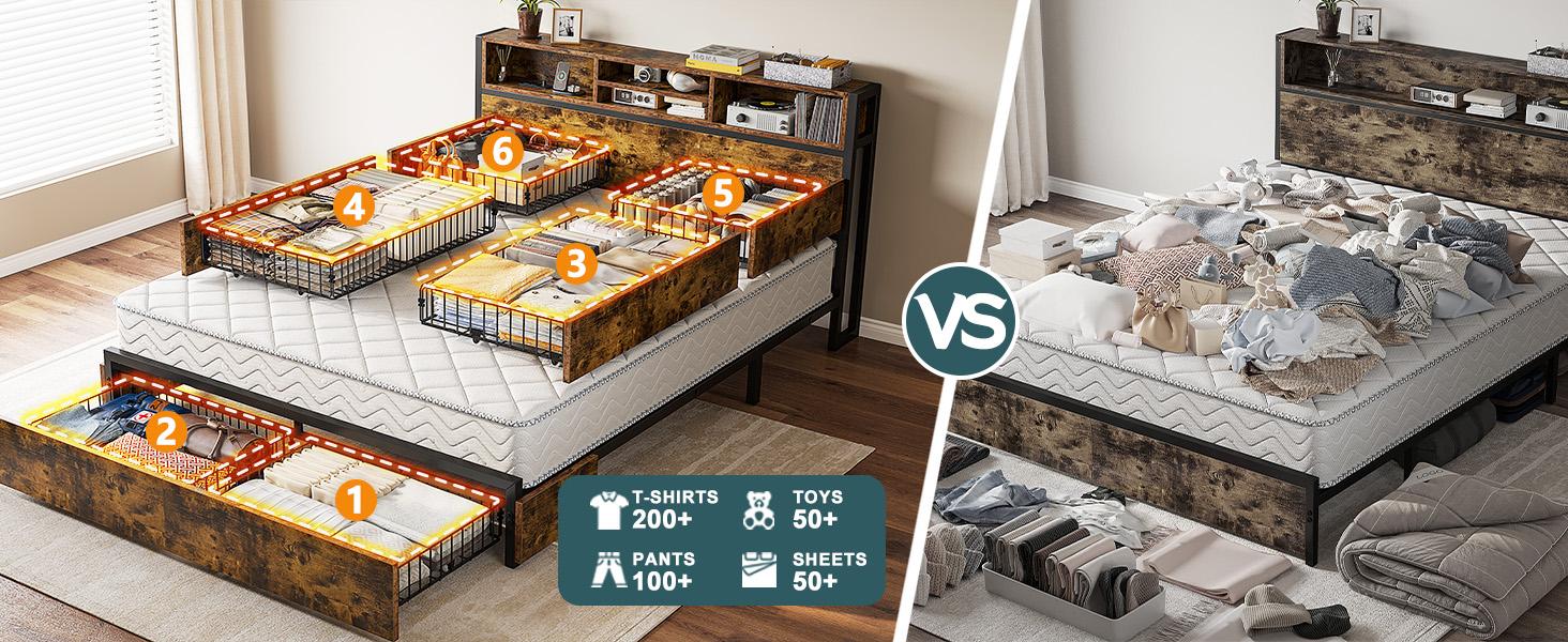 Bed Frame with 6 Storage Drawers, MATTRESS NOT INCLUDED, Bed Frame with Headboard Charging Station ,with Storage No Noise,No Box Springs Needed,Vintage Brown Bed Frame with 6 Storage Drawers, MATTRESS NOT INCLUDED, Bed Frame with Headboard Charging Station ,with Storage No Noise,No Box Springs Needed,Vintage Brown