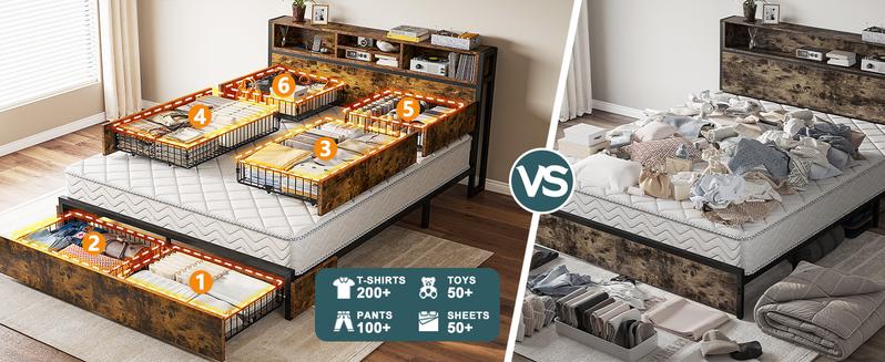 Bed Frame with 6 Storage Drawers, MATTRESS NOT INCLUDED, Bed Frame with Headboard Charging Station ,with Storage No Noise,No Box Springs Needed,Vintage Brown
