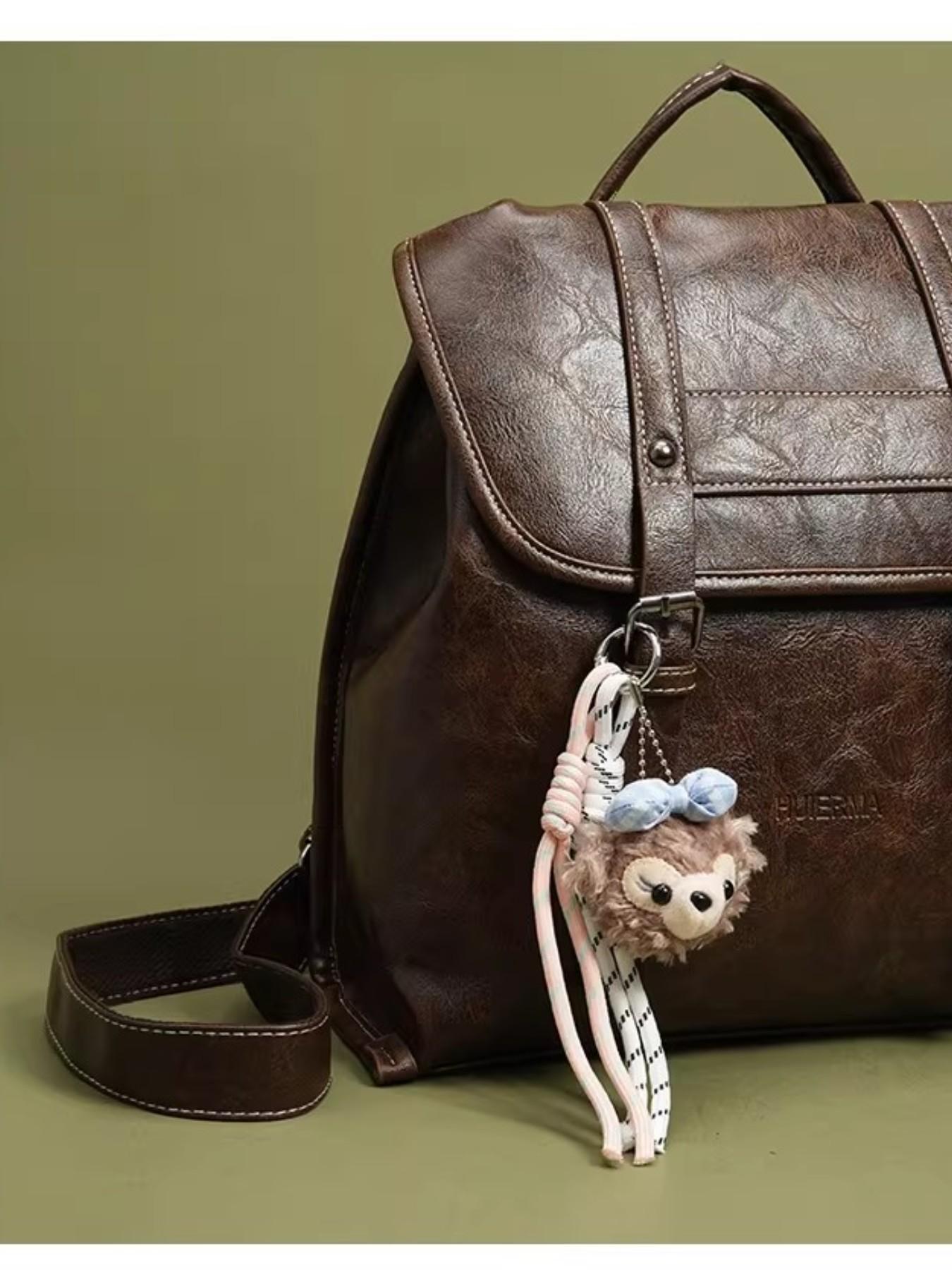 Retro leather backpack - Ladies' retro school style backpack! Classic flip cover backpack, with plush bear pendant and buckle details; Classic faux leather daily bag, suitable for school, commuting and traveling; Douyin bestseller fashion accessory; Light