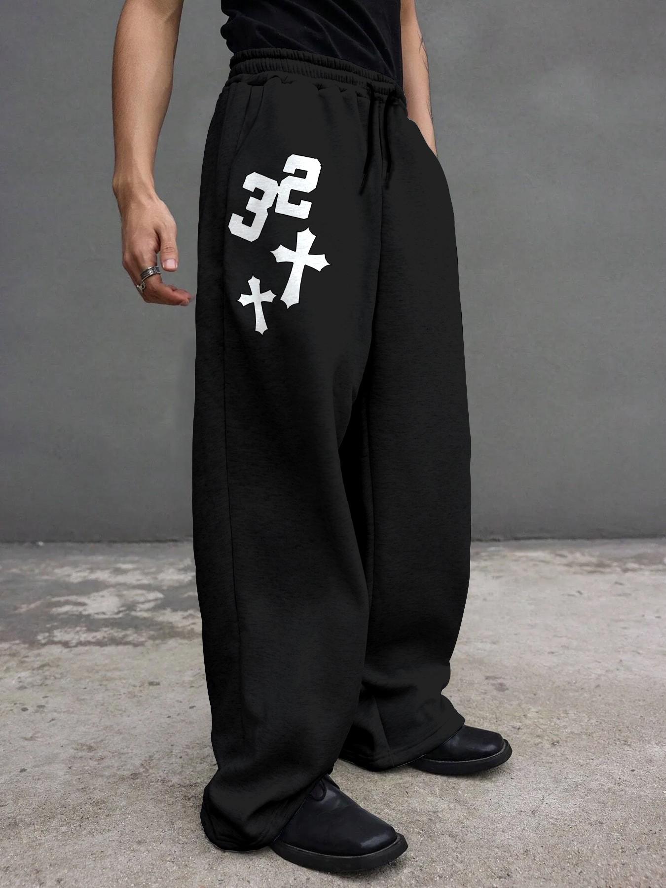 Men's Waist Drawstring Straight Leg Pants, Creative Number Cross Print, Comfortable Casual Daily Wear, Fall Winter Men's Pants