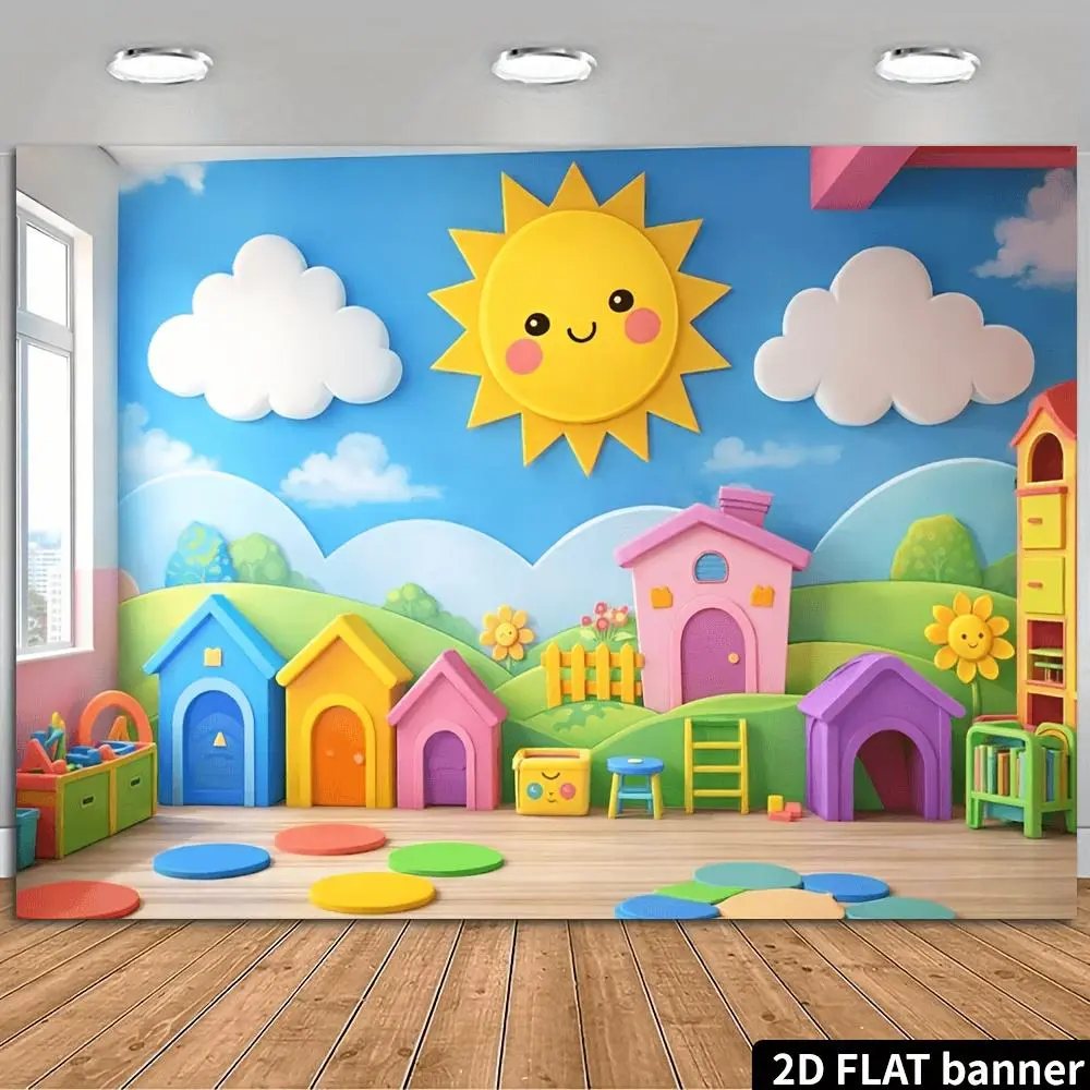 A flat banner background wall with a 2D sky and cloud theme, featuring soft, skin-friendly blue and white high-definition prints, suitable for children's rooms and birthday party wall decorations.