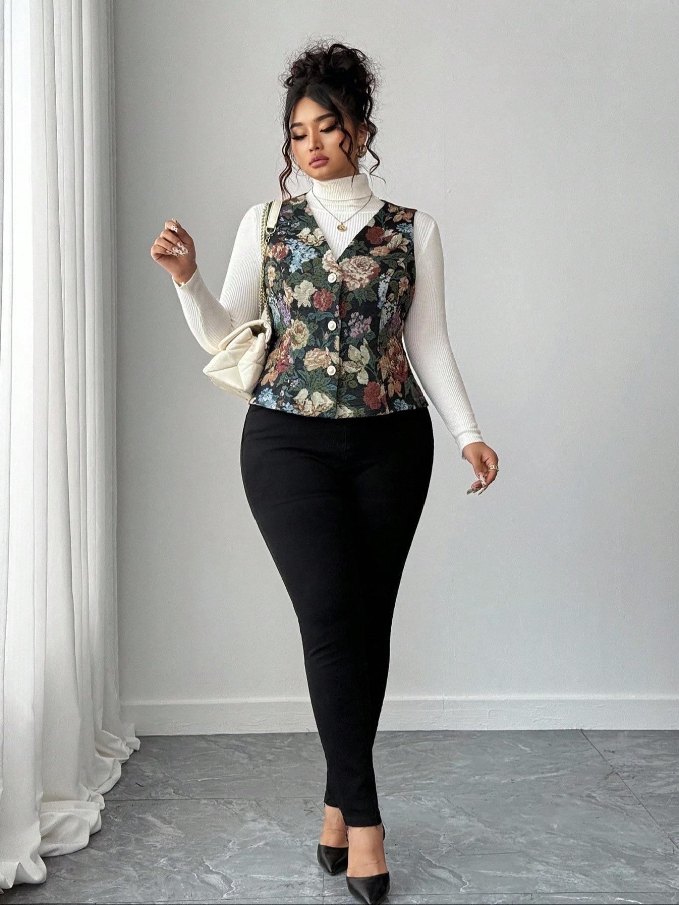 Women's Plus Size Casual Ethnic Pattern Vest Top, Sleeveless Vintage Button Design, Perfect for, Parties, Daily Wear