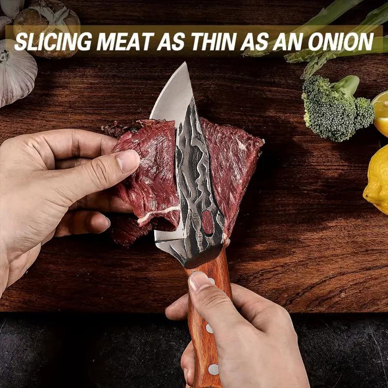 High carbon steel chef's knife, barbecue knife, vegetable knife, fixed blade, solid wood handle, with sheath, suitable for professional cutting, home, camping barbecue cooking, also a great gift.