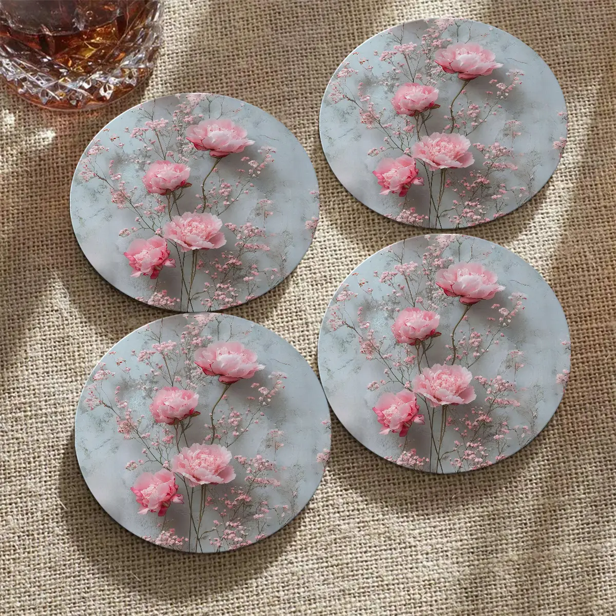 2D flat, 4-piece wooden coaster, suitable for gift-giving - round heat-resistant and non-slip table mat, plain wood grain design, suitable for various occasions, offices and various drinks