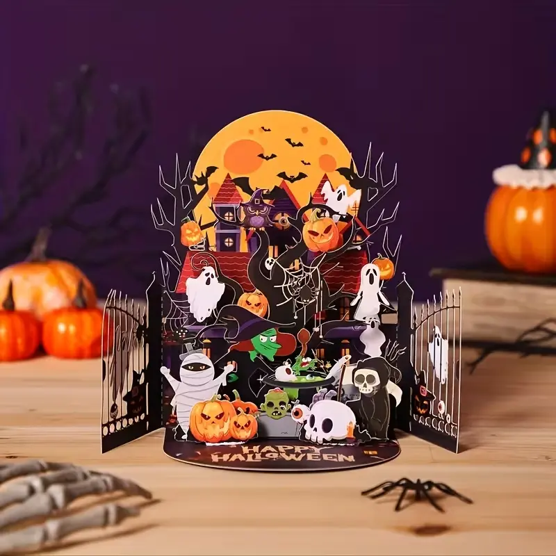 Handmade Halloween 3D Card with Witch House, Pumpkin Lantern, Ghost Design, Party Invitation, No Assembly Needed