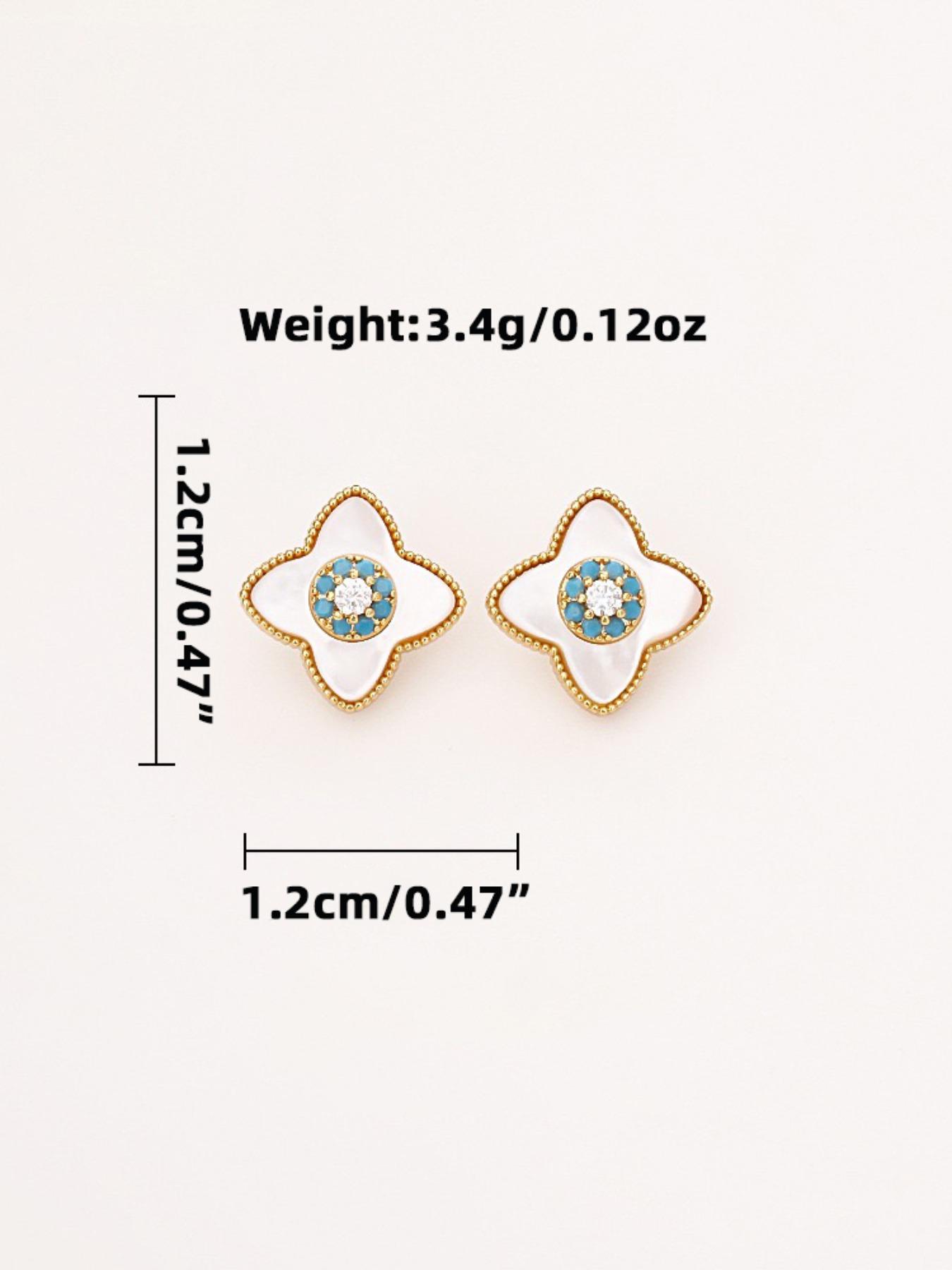 Vintage Clover Mother-Of-Pearl Turquoise Zircon Earrings, Elegant Lightweight Everyday Commuter Jewelry, Versatile Fashion Accessory