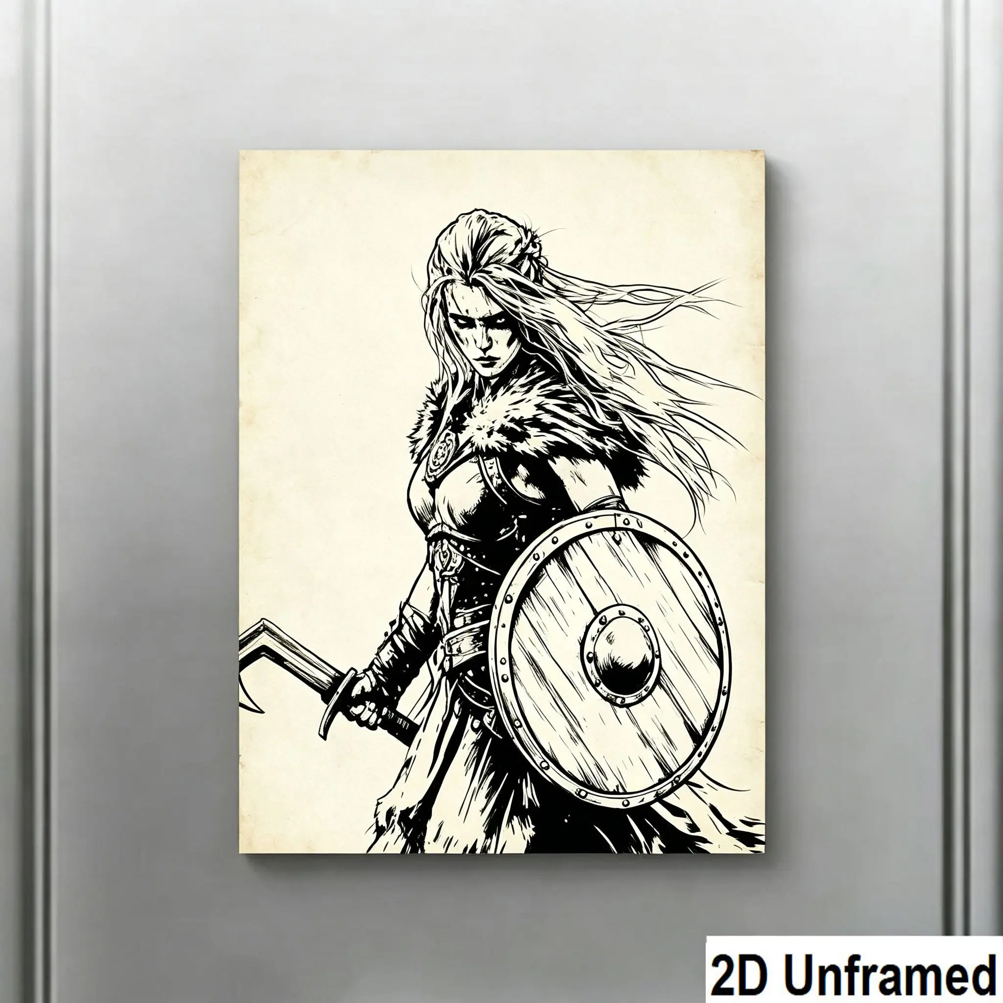 Vinyl Viking Female Warrior Canvas Painting, Nordic Fantasy Watercolor Poster, Dark Battle Theme Wall Art for Gaming Room, Bedroom, Tabletop Game Store