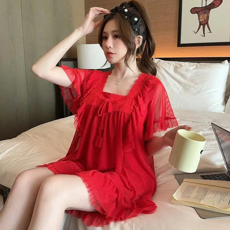 Summer Court Gauze Princess Pajama Set Women Korean Sleepwear with Bra Pads Loose Short Sleeve Shorts 2pcs Nighty Outdoor Wear