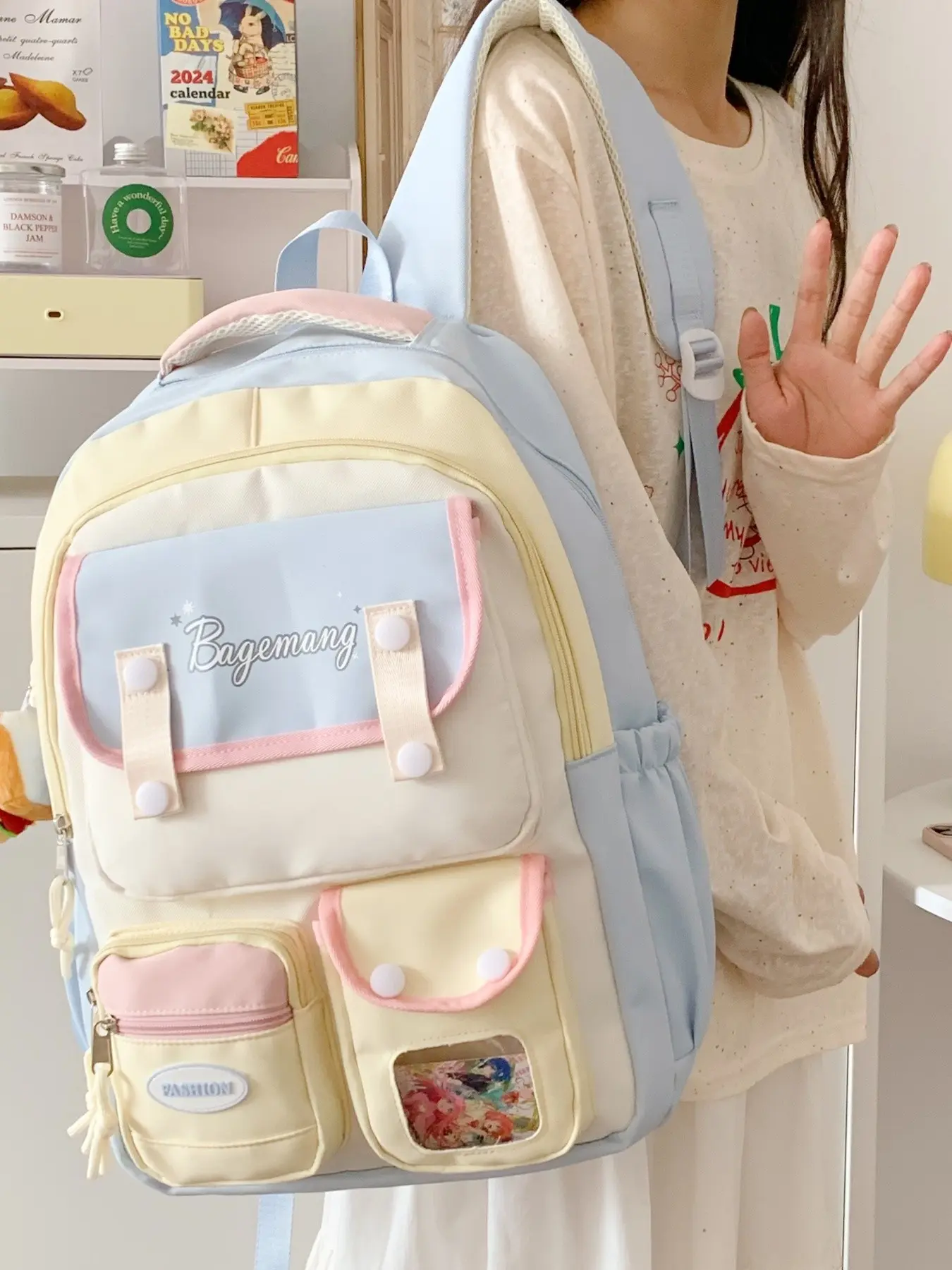 2026 New Macaron Color Block Girl Backpack, Multi-Pocket Transparent Window Large Capacity Student Bag, Lightweight School Backpack