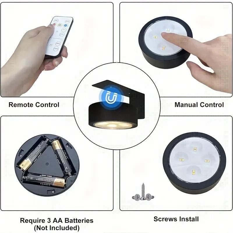 3-Pack Home decoration lighting wall mounted display light, 4LED/pc, metal+plastic material, remote control, 3-color adjustable timer, bedroom night light, study reading light, Dimmable wall lamp, Decorative Wall Light