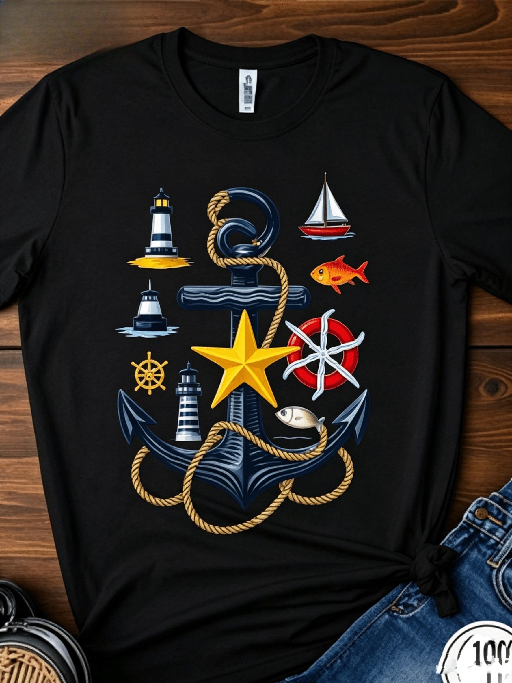 Women's Short-Sleeve White Crew Neck T-Shirt - Nautical Anchor Design, Cloud Fabric, Seamless, Breathable Lightweight Everyday Casual Top for Halloween Christmas Gifts