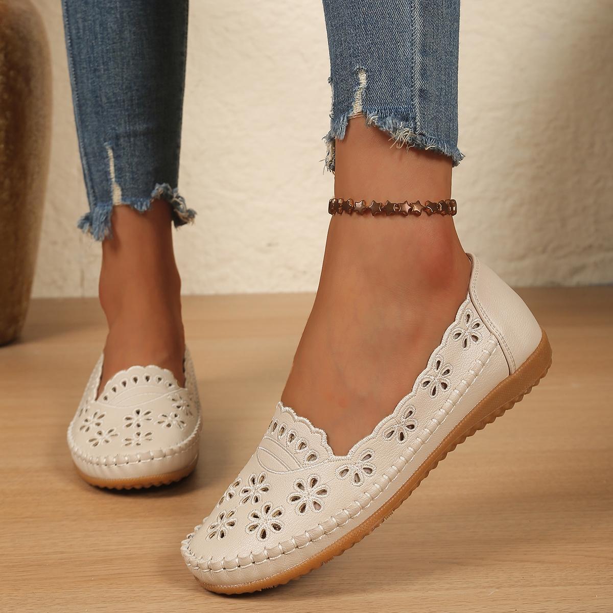 Goreyodoly Womens Wide Fit Round Toe Casual Slip On Flats, Breathable Slip Ons, Hollow Floral Lightweight Comfortable Walking Shoes All Season Office Travel Commuting Home Wear Soft Cushioned Insole Rubber Slip Resistant Durable Versatile Footwear