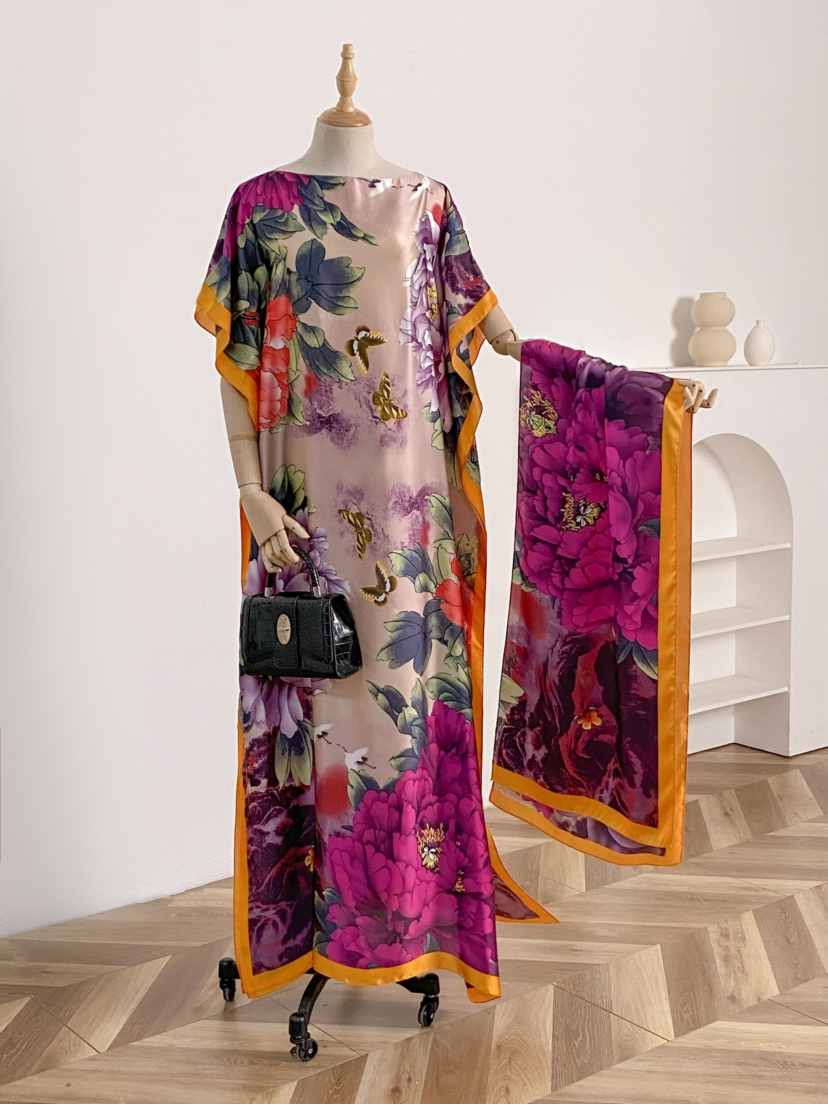 Women's Spring Summer Floral Pattern Robe & Thin Loose Fit Shawl Set, Casual Beach Sun Protection Satin Scarf