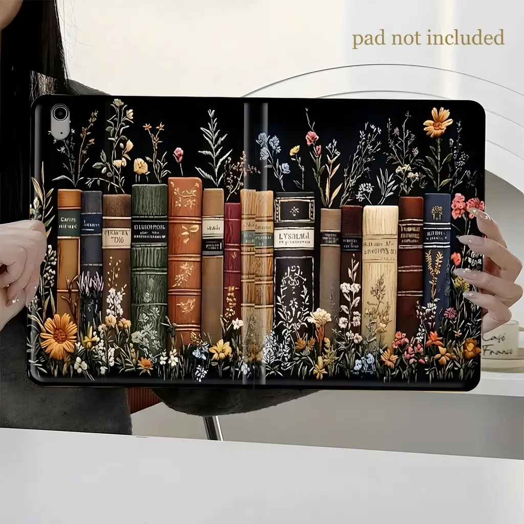 Dark Vintage Floral Bookcase Design iPad Case, Protective Cover, Tablet Casing, iPad Book-Style Case for iPad Pro 2024 2023 2022 2021, Full Protection and Pen Slot for Office and School Use, Durable Tablet Casing, iPad Covers, Accessories (Case Only)