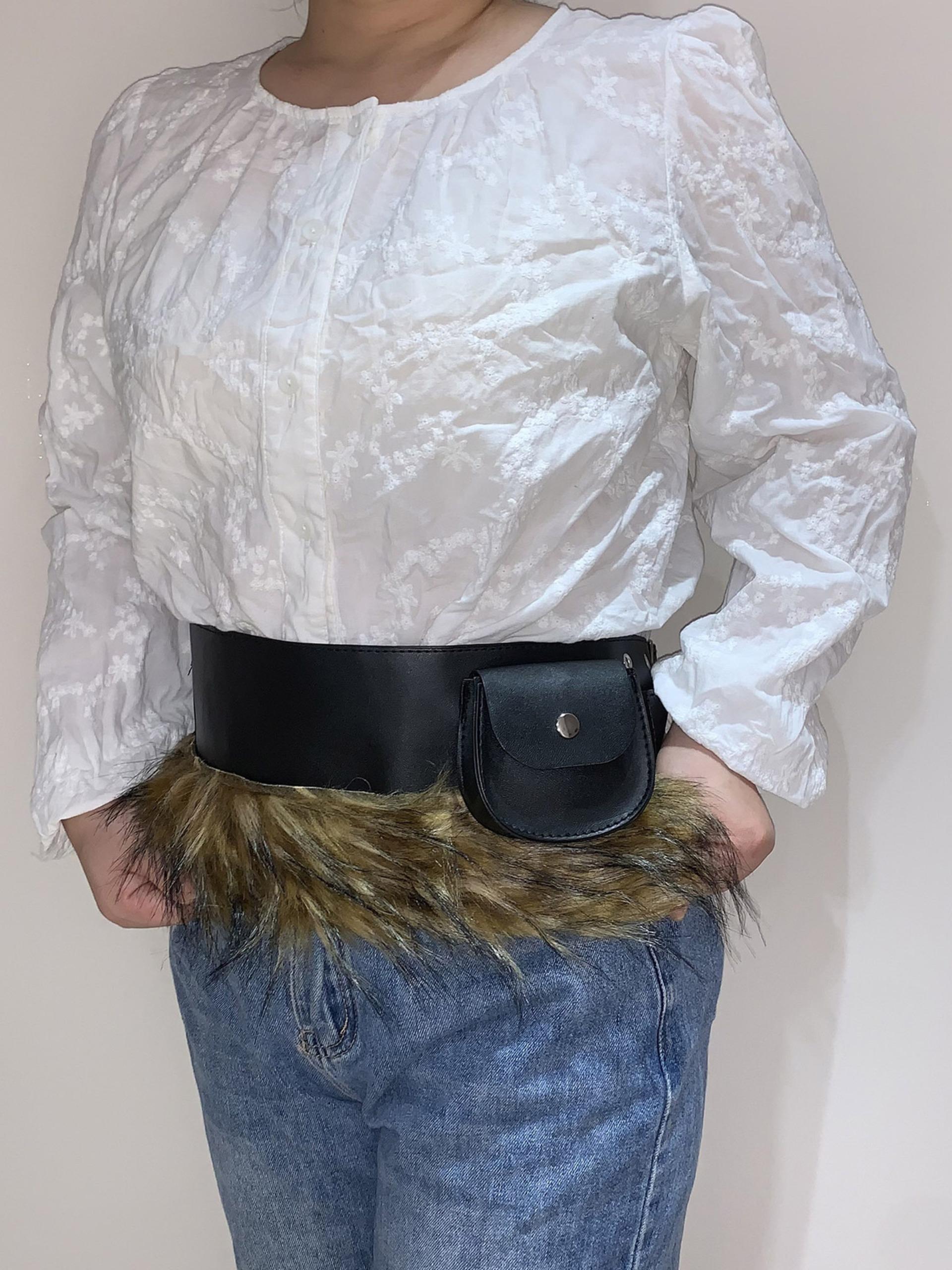 Wide Belt Mini Waist Bag, Plush Oval Mouth Pouch, Tummy Pouch, Stage Performance Costume Accessory, Patchwork Design, All Seasons Wear