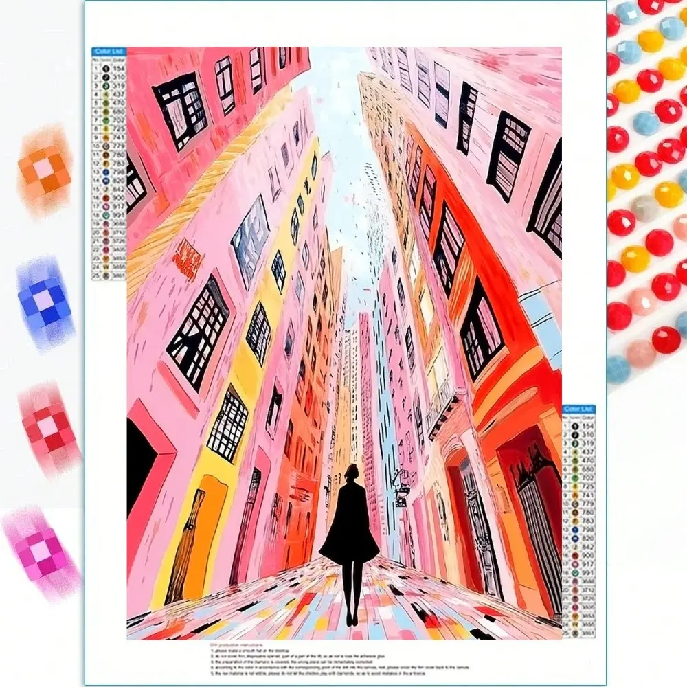 5D DIY Diamond Painting Kits for Adults Beginners, Full Drill Woman Back View Colorful Buildings Street Gem Art Sets, Cityscape Architecture Fashion Rhinestone Canvas Craft Kits, Modern Aesthetic Home Living Room Wall Decor Painting Gifts