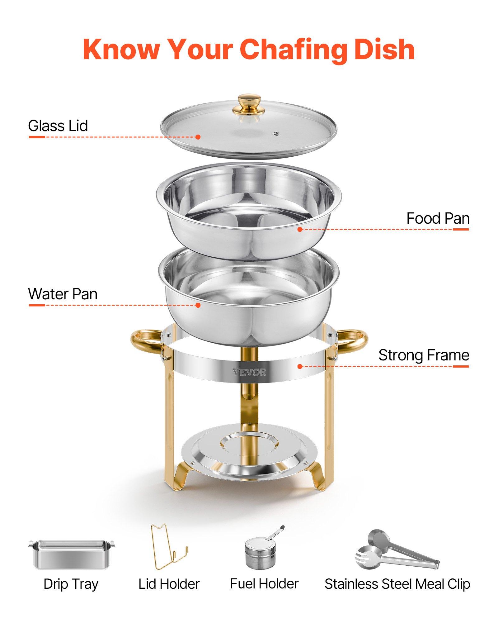 VEVOR 4-Piece Round Shape Stainless Steel Buffet Set, 5 Qt Full Size Stainless Steel Pans, Glass Lids, Water Pans, Folding Stands, Fuel Holders, Gold Catering Warmers for Wedding, Banquet