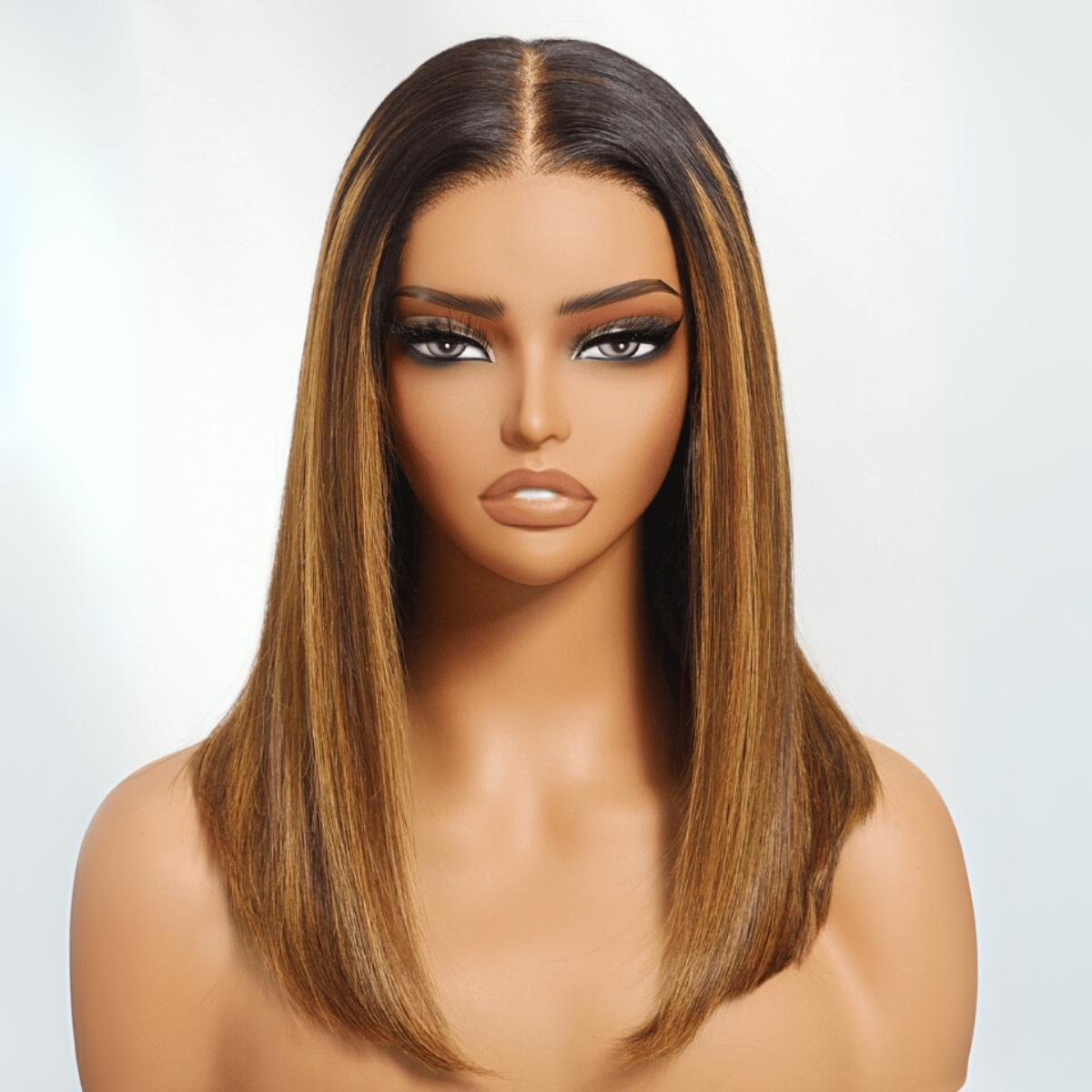 Sunber Brown With Blonde Piano Highlights 7X5 Short Bob Wig with Dark Root Straight Shoulder length Glueless Human Hair Wigs