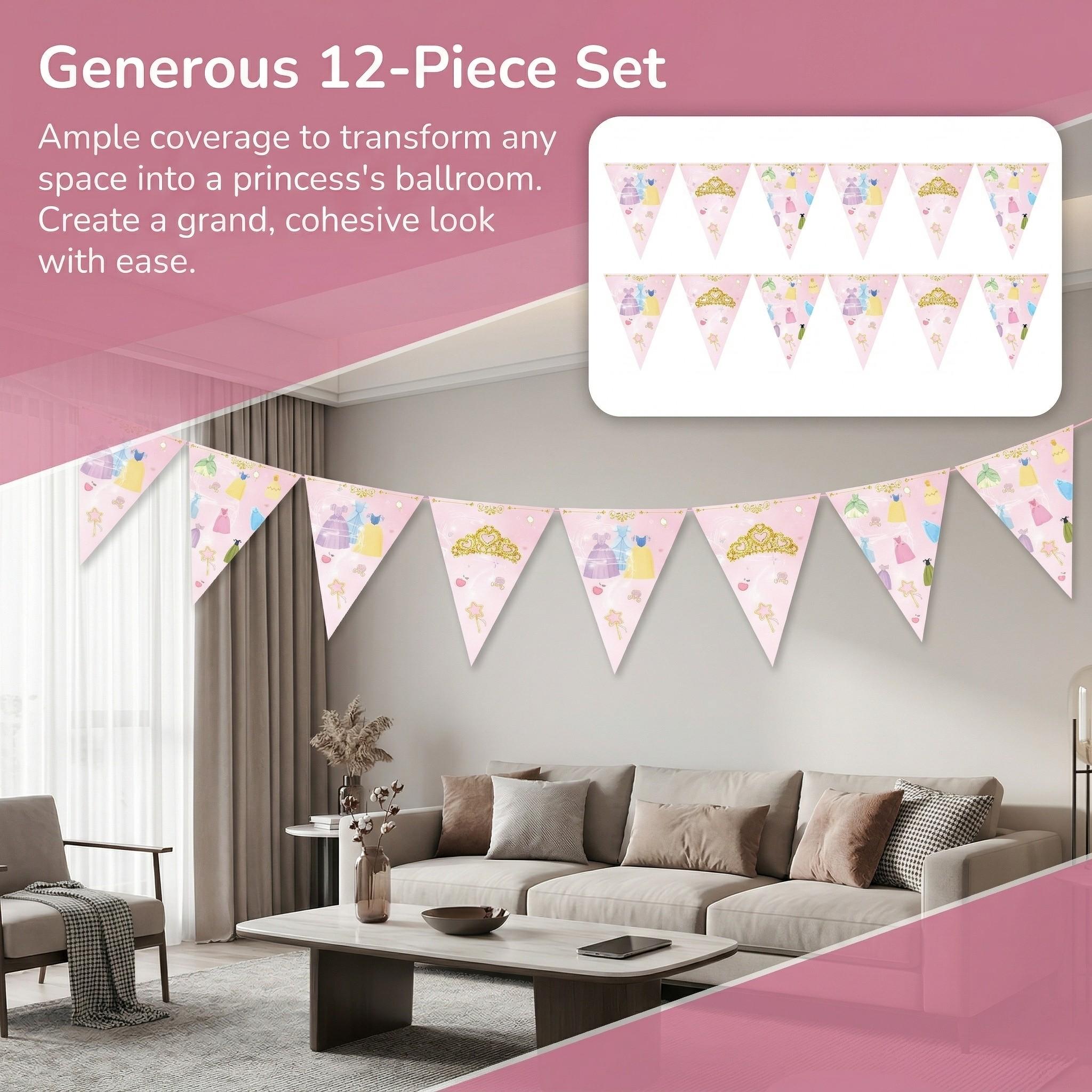 12pcs set of girls' clothing-themed party supplies Happy Birthday banner party decorations, featuring pink triangular flags with crown and dress print design, home wall decoration, wedding anniversary, holiday celebration supplies
