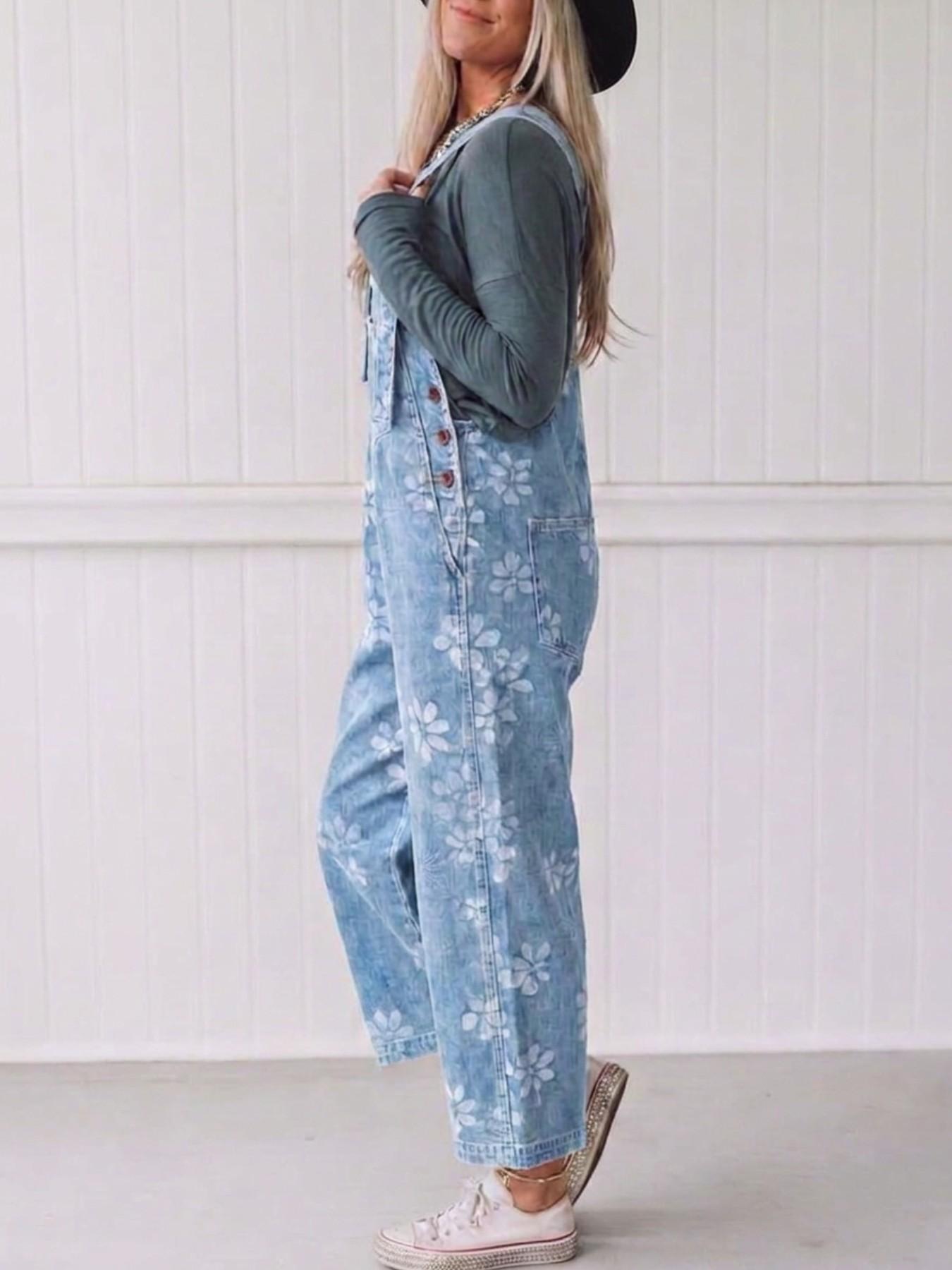 Women's Floral Printed Denim Overalls Loose Casual Bib Dungarees Vintage Wide Leg Jean Jumpsuit Retro Suspender Long Pants with Pockets