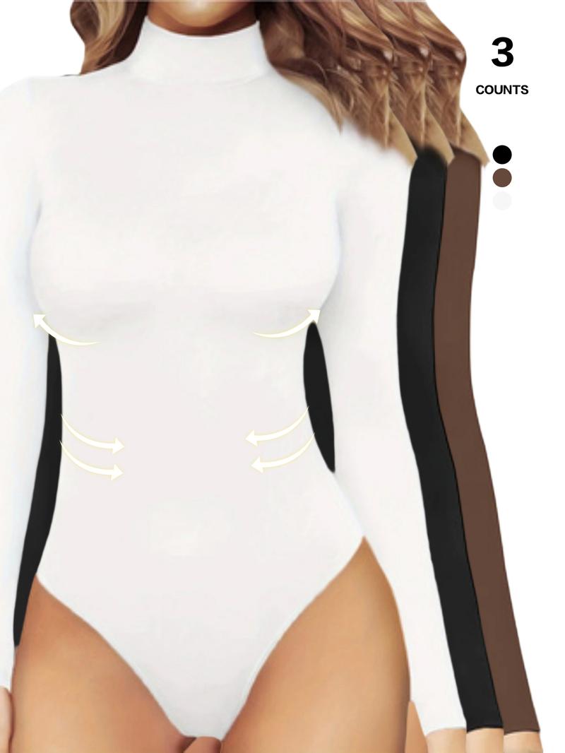 Women's Tummy Control Mock Neck Bodysuit, Long Sleeve Stretchy Slim Fit Jumpsuit, Elegant Body Shaper Top, Casual Lounge Leotard