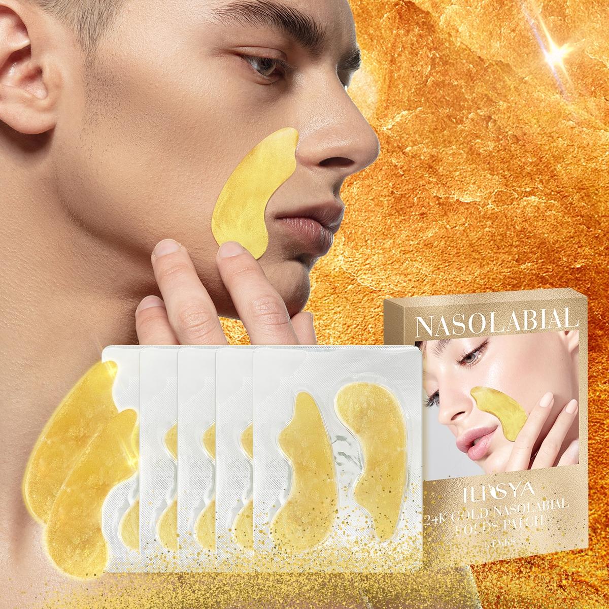 24K Gold Collagen Nasal Folds Patch, 1 Box Moisturizing Gel Mask, Hydrating Face Mask, Nose Line & Nose Groove Patches, Men's Skincare Product