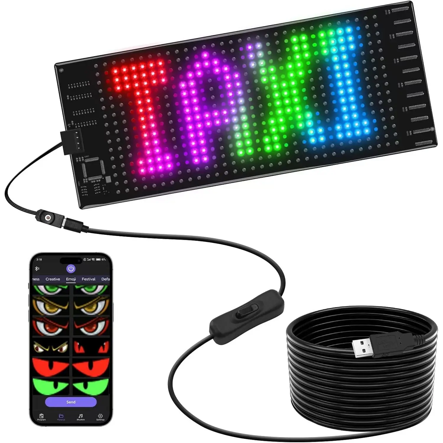 Programmable LED Sign for , Rideshare Light, 1 count 7x3in | Custom text scrolling message board, 5V USB flexible LED  screen, ideal for taxi and rideshare drivers