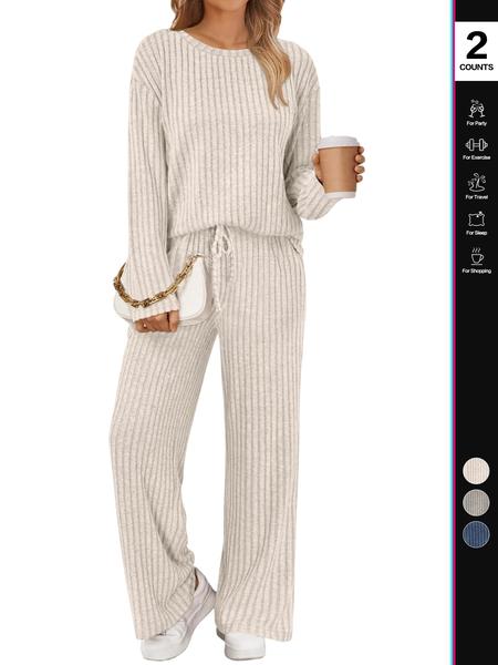 Womens Loungewear Lounge Sets 2 Piece Matching Pajamas Fall Fashion 2025 Ribbed Knit Outfits Long Sleeve Casual Sweatsuits