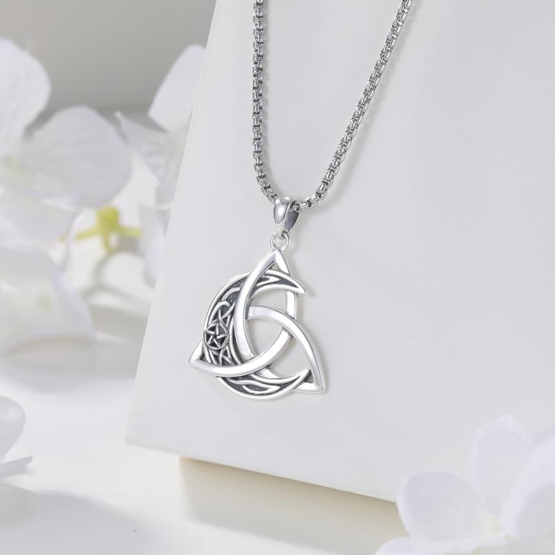 DRINSPER S925 Celtic Moon Necklace 925 Sterling Silver Necklace, Good Luck Crescent Irish Necklace Moonstone Pendant Celtic Knot Jewelry Gift for Women Men